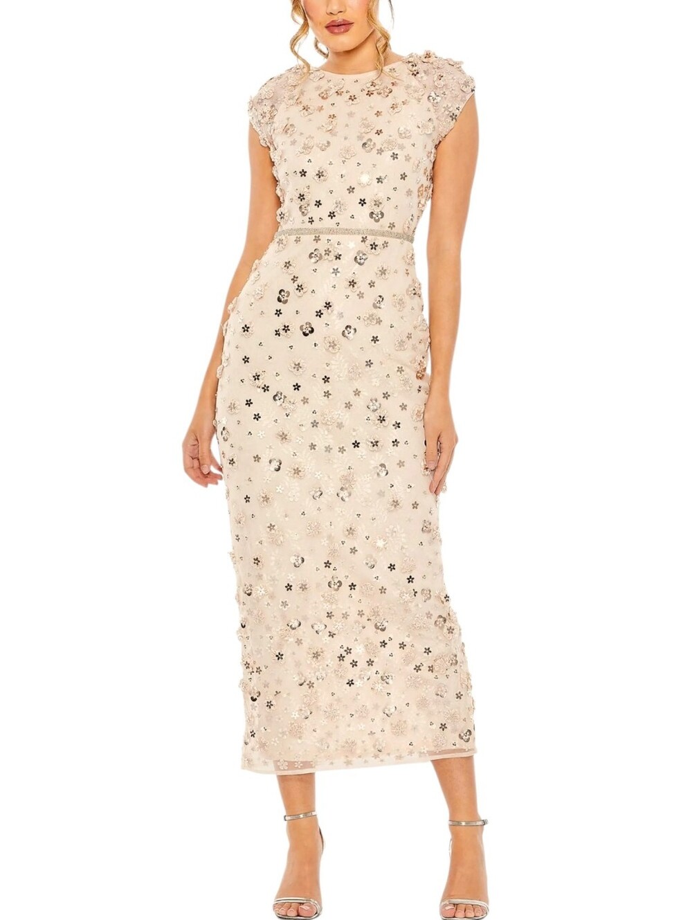 Mac Duggal Blush Pink Midi Dress Sequin Applique Sheath Cap Sleeve 93806 Size 12